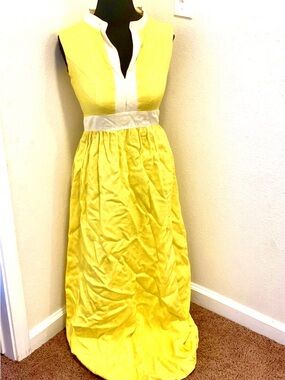 VINTAGE YELLOW LINEN MAXI DRESS Garment Workers Union Made 6 8